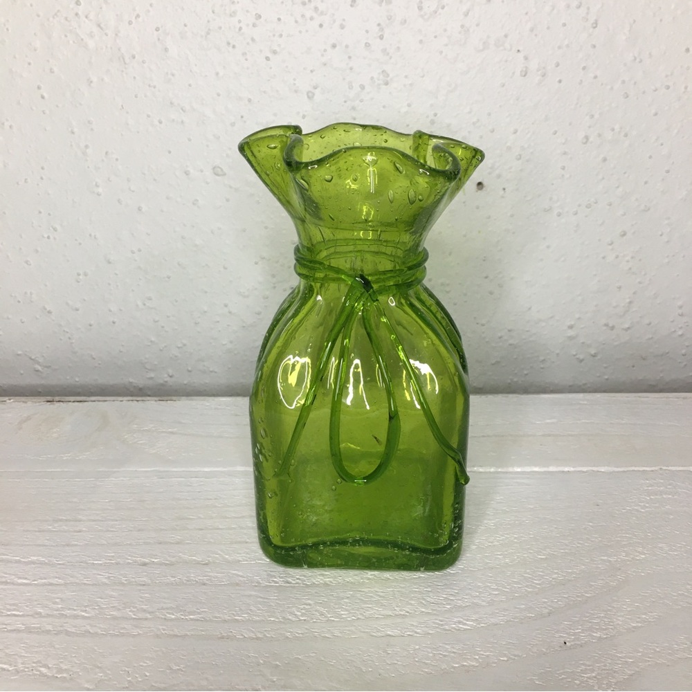Vintage Blown Art Glass Vase Green Ruffled Crimped Bubbles Ribbon String Tie